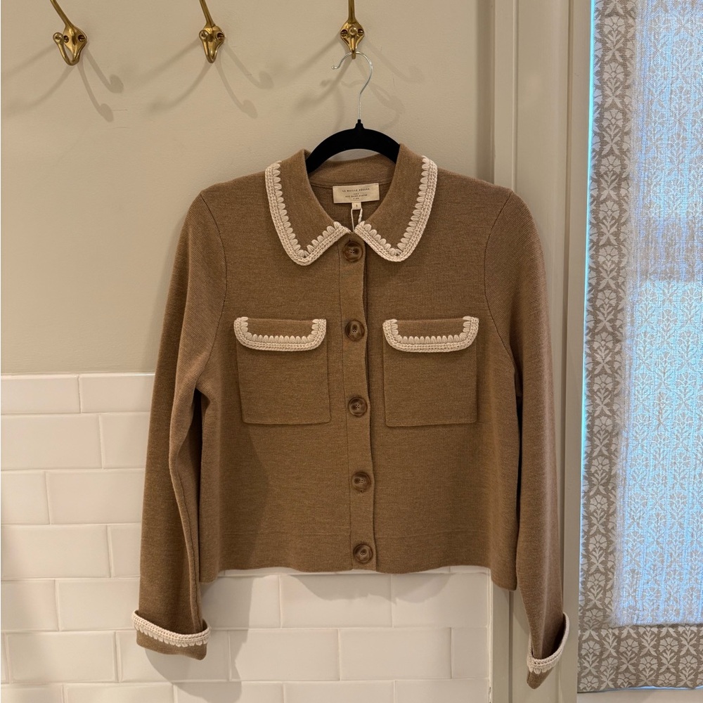 Sezane. Betty Cardigan. Camel with cream crochet detail. Small.